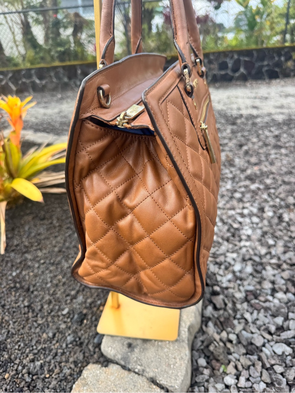 MICHAEL Michael Kors Quilted Leather Satchel Brown Gold Tone Shoulder Bag - Picture 7 of 14